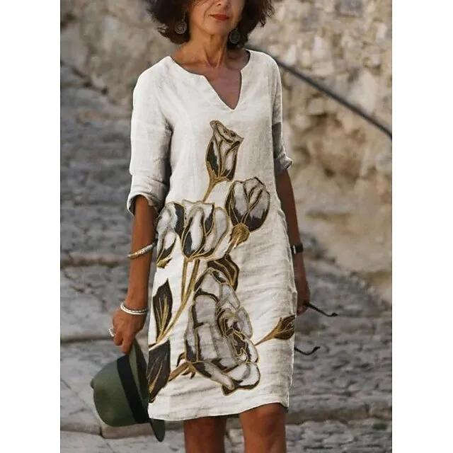 Women‘s Casual Dress Midi Dress Leopard Black White Half Sleeve Floral Print