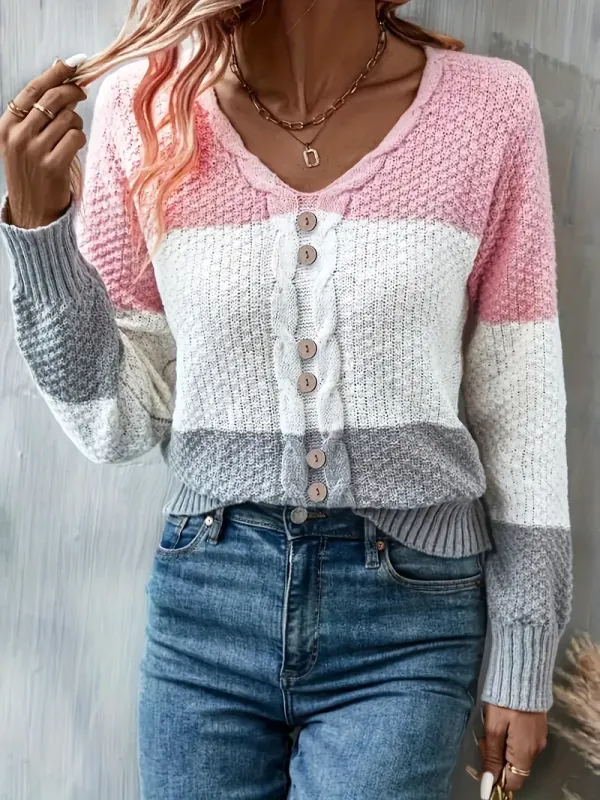 Cozy Color Block V-Neck Sweater - Soft Knit Pullover with Button Detail - Long Sleeve Casual Wear for Women