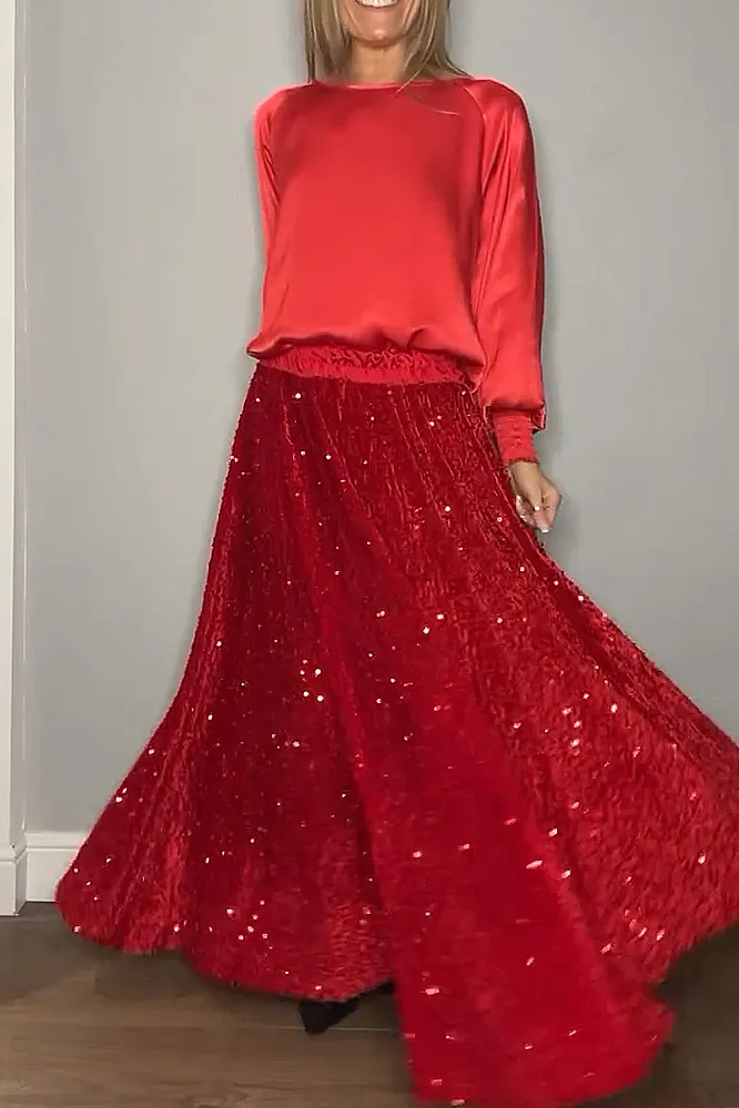Women's fashion satin top and sequined skirt two-piece set