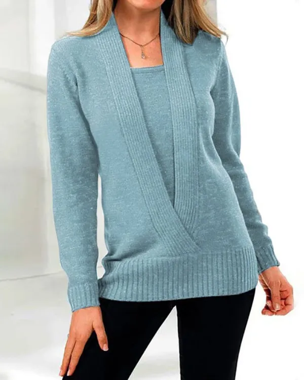 V-neck fake two-piece cropped sweater