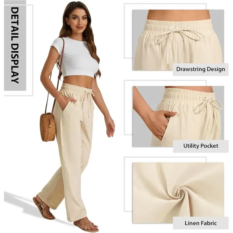 Women’s High Waist Linen Drawstring Pants – Casual Loose Fit with Pockets