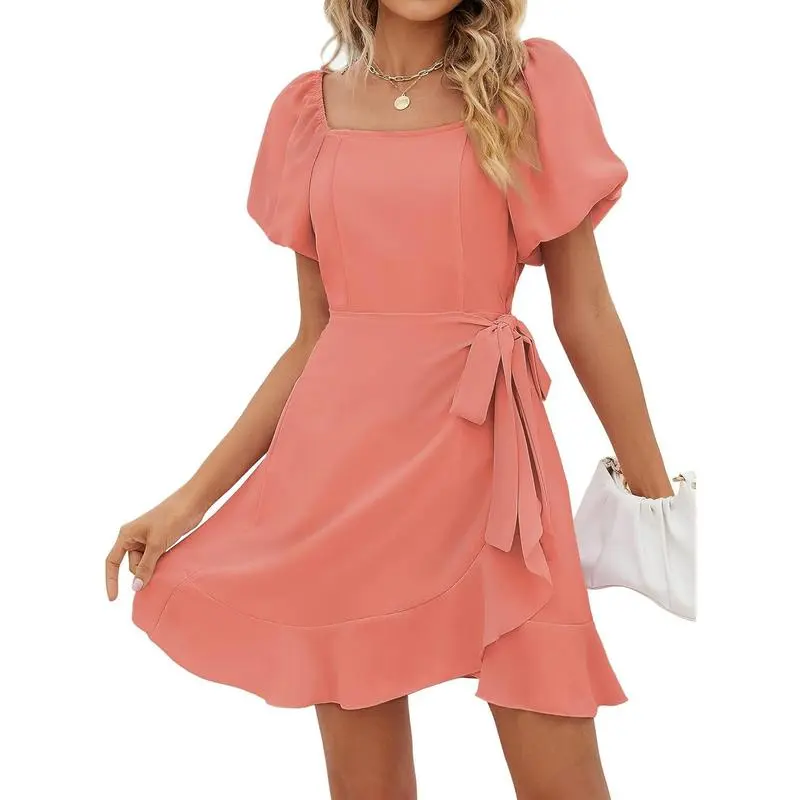 Womens Summer Dresses Square Neck Puff Sleeve Tie Waist Short Dress