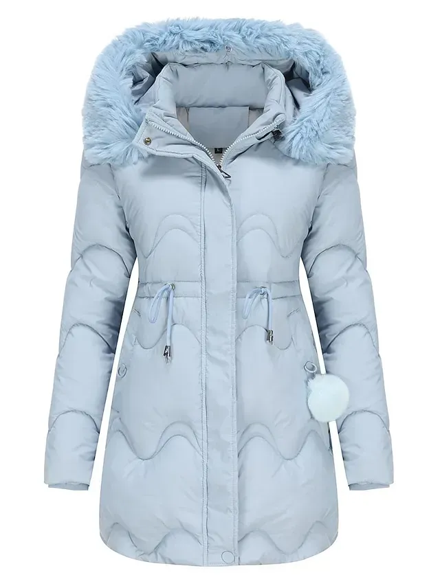 Women's Parka Puffer Jacket Winter Coat Thermal Warm Heated Coat with Removable Fur Collar Drawstring Zip up Hooded Coat Fall Outerwear with Pockets Classic Long Sleeve Light Blue Pink Black