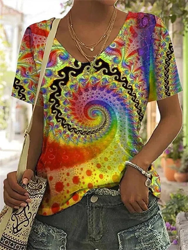 Women's T shirt Tee Yellow Red Blue Graphic Print Short Sleeve Daily Weekend Basic Neon & Bright V Neck Regular Fit Painting