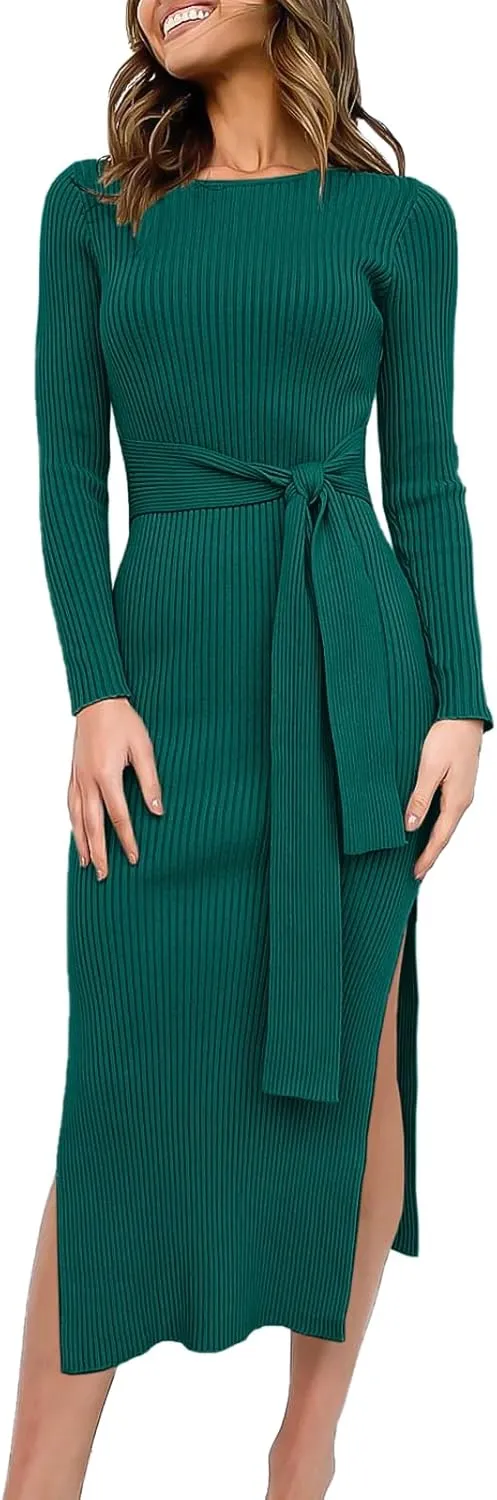 Long Sleeve Sweater Dress Crew Neck Slim Fit Slit Tie Waist 2024 Ribbed Knit Bodycon Midi Dress Fall Outfits