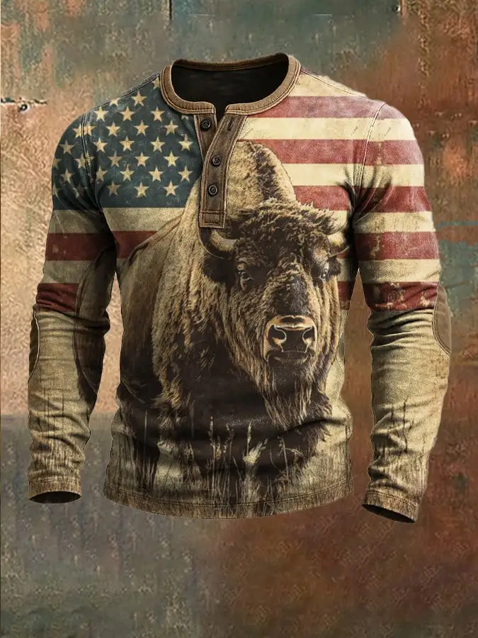 Men's Vintage Western Print Henley