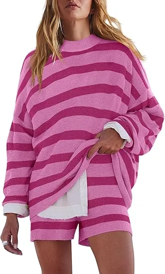 Womens Oversized Lounge Sets 2 Piece Outfits Striped Matching Pajama Set Long Sleeve Sweater Set