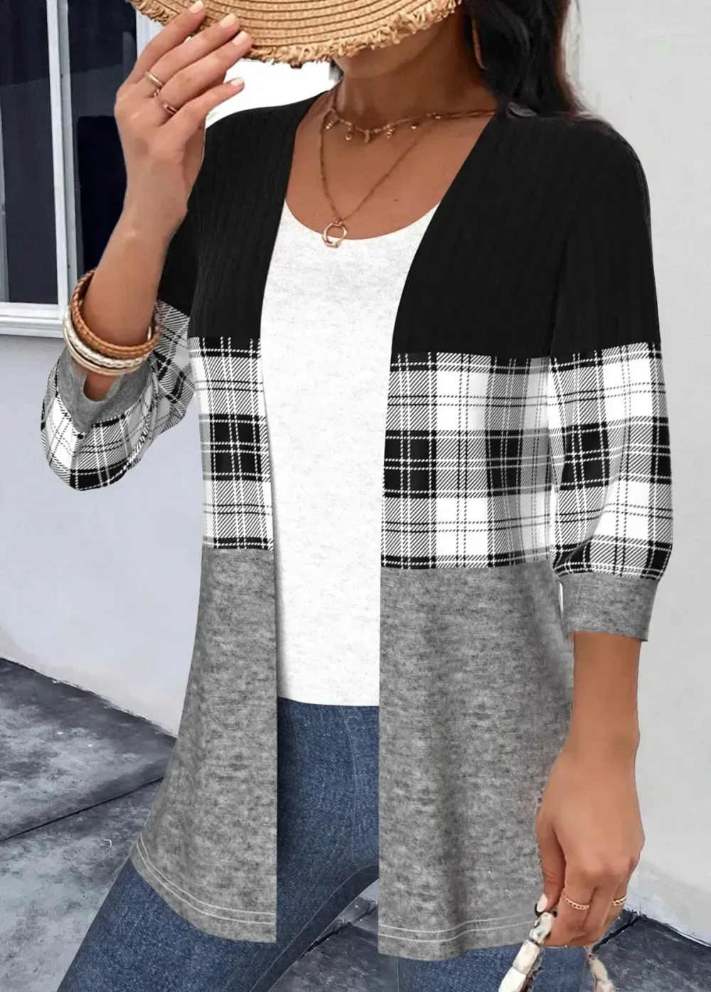 Black Patchwork Plaid 3/4 Sleeve Round Neck Light Cardigan