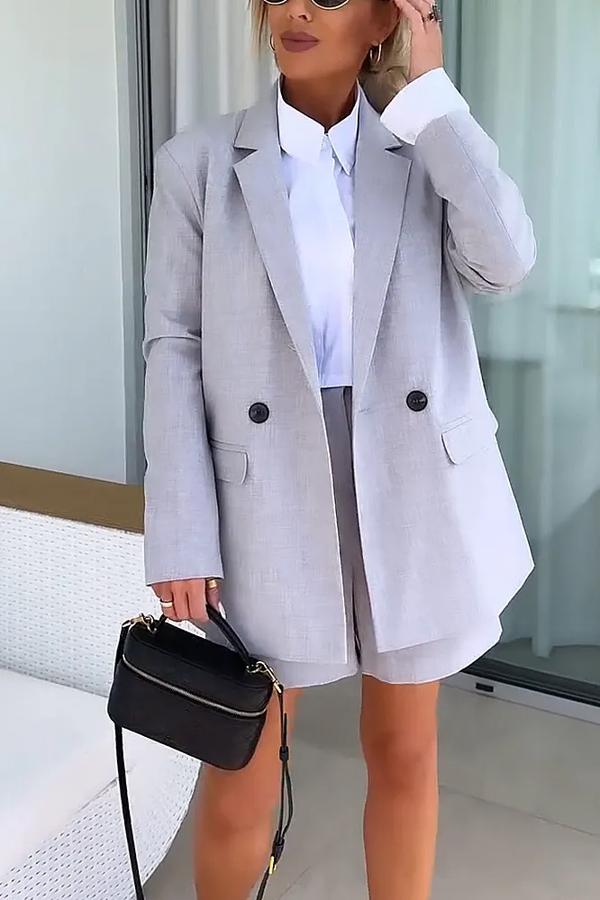 Women's solid color casual jacket and shorts two-piece set