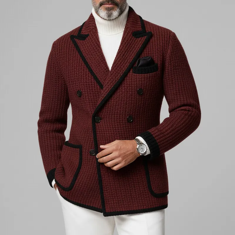 Men's Burgundy Knitted Peak Lapel Double Breasted Long Sleeve Pocket Contrast Trim Blazer