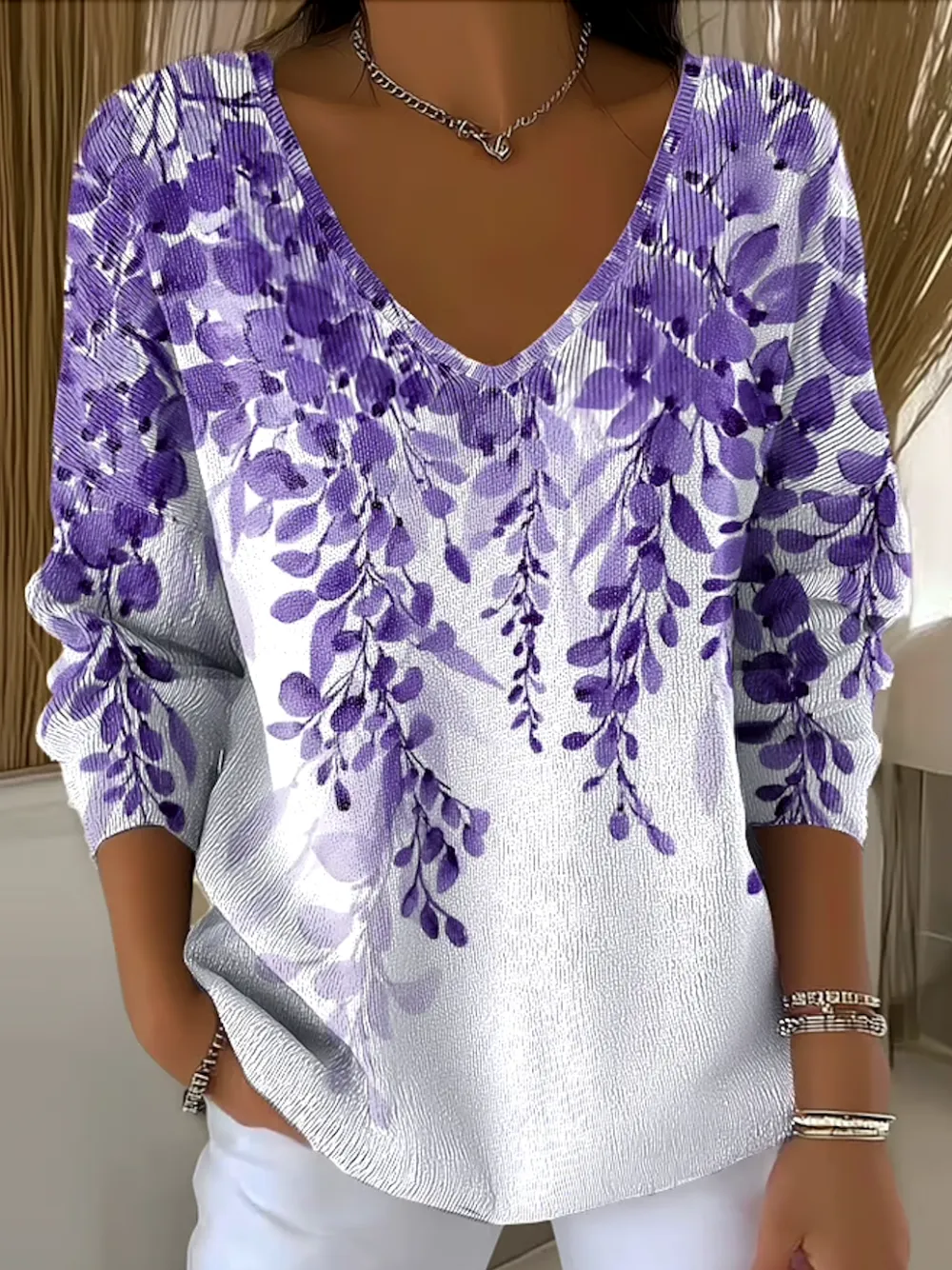 Cotton Casual V Neck Plants Sweater