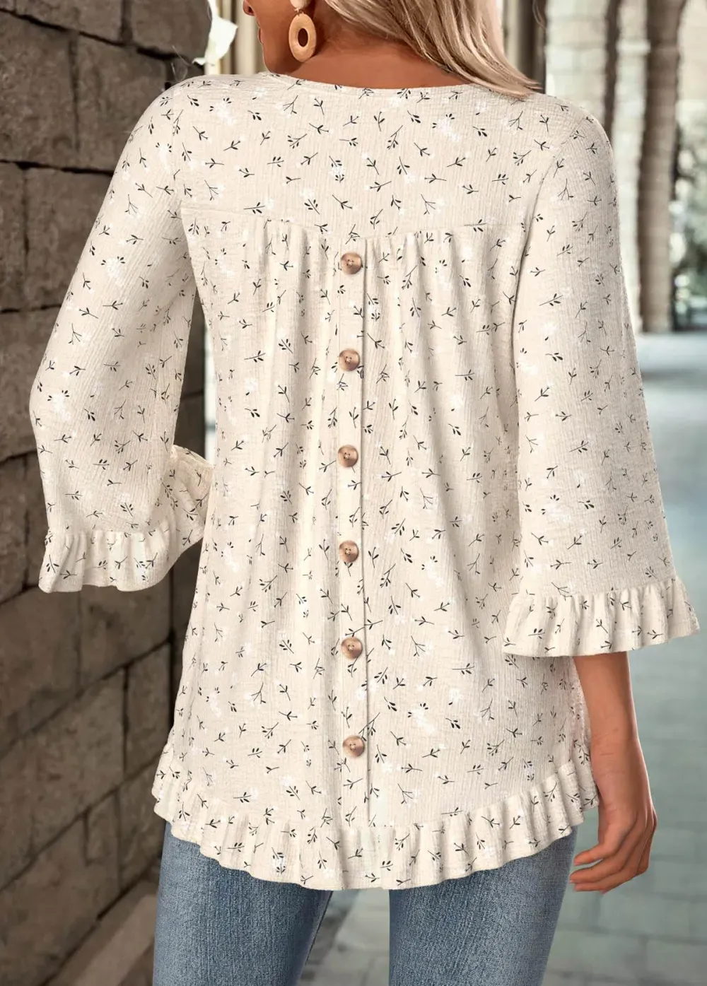 Beige Patchwork Ditsy Floral Print 3/4 Sleeve T Shirt