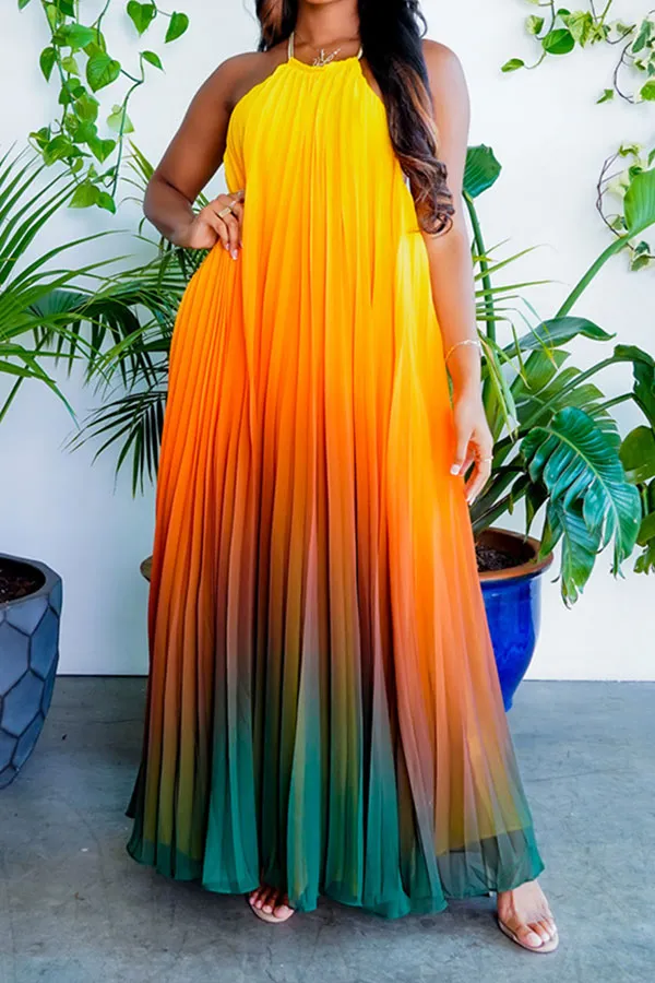 Gradient Glamorous Pleated Backless Maxi Dress