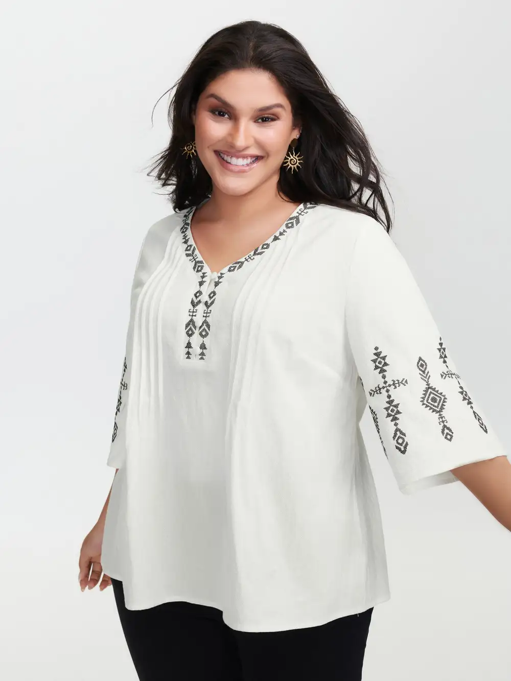 Cotton Boho Embroidery V-Neck Blouse