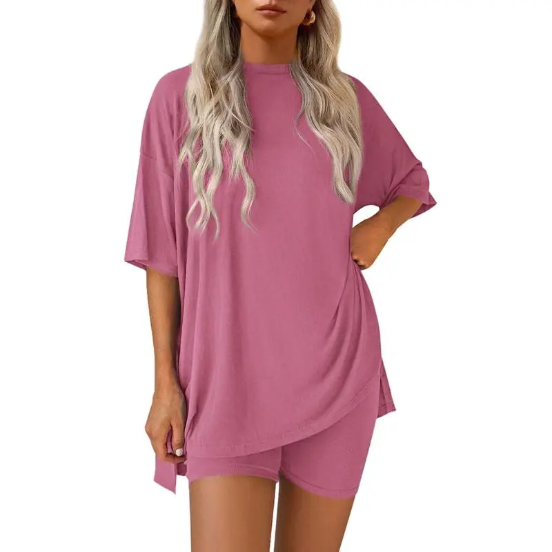 Women’s Oversized Lounge Set-Breathable Crewneck Top & Pocket Shorts