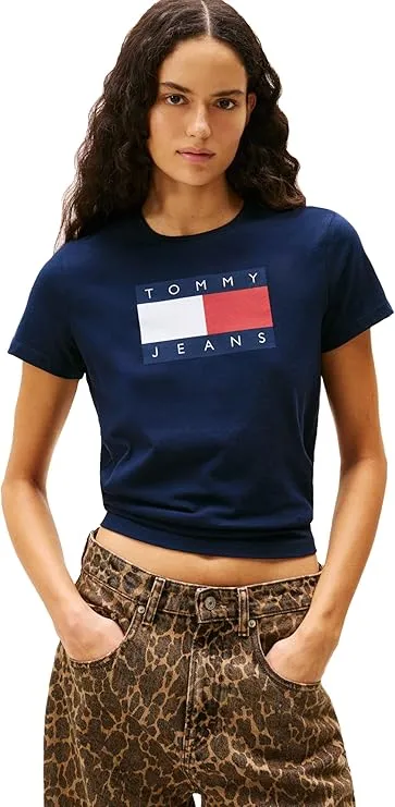 Tommy Jeans Women's Graphic Tee with Printed Flag Logo Detail