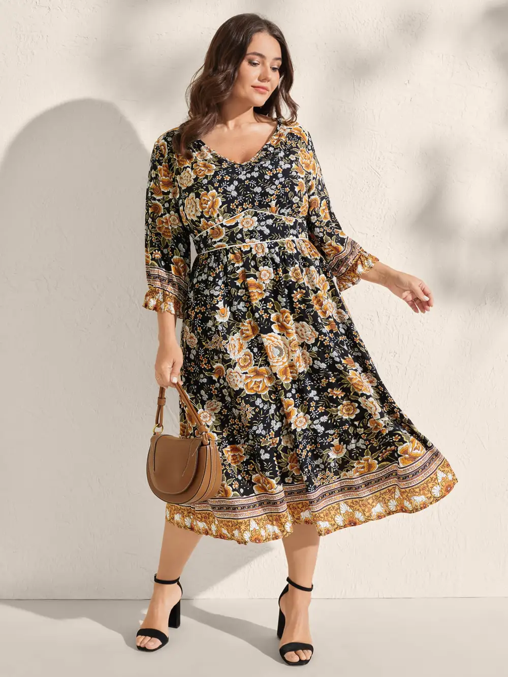 Floral Print Waist-Cinched Contrast Midi Dress