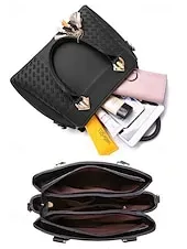 Women's Faux Leather Handbag with Tassel Charm and Textured Panels – Elegant Structured Shoulder Tote Bag for Office Work and Business Travel