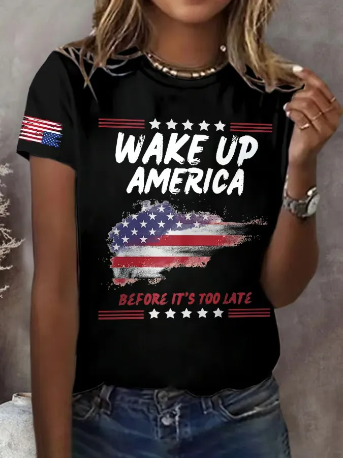 Retro Wake Up America Before It'S Too Late Print T-Shirt