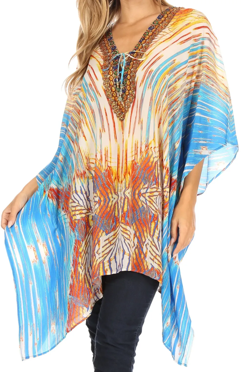 Women's Caftan Poncho Cover up V neck Top Lace up With Rhinestone