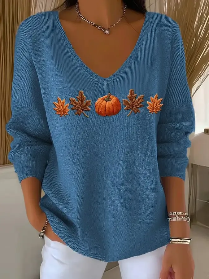 Women's Casual Autumn Maple Leaf Pumpkin Striped Long-Sleeved V-Neck Top
