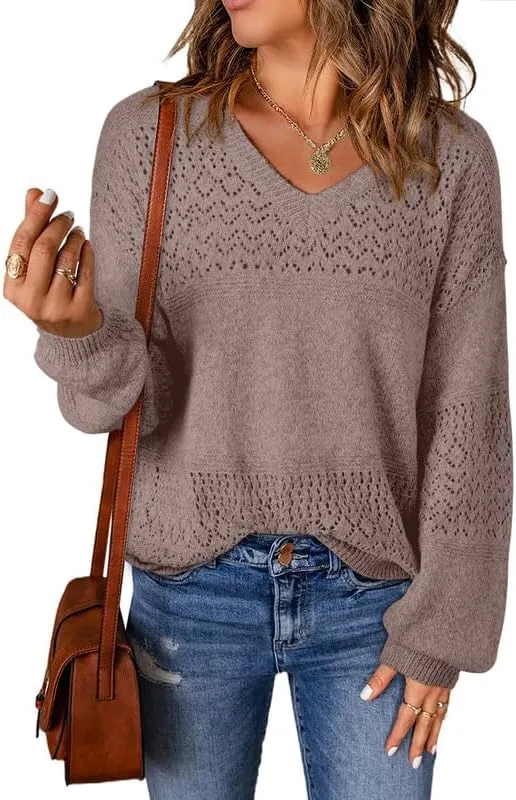 Womens Sweaters Casual Long Sleeve V Neck Lightweight Crochet Pullover Sweater Tops