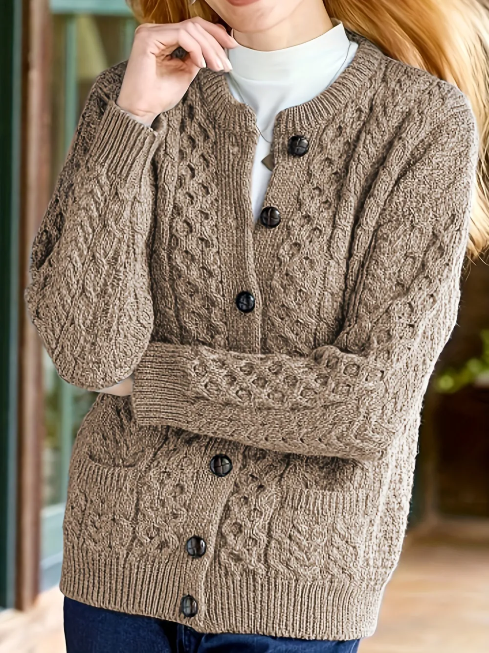 Cozy Chic Cardigan - Soft Knit, Crew Neck, Long Sleeve, Pocket Detail, Casual Women's Sweater for Everyday Wear