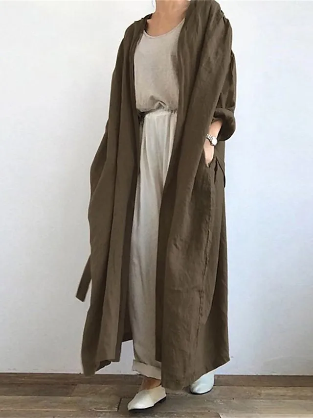 Women's Trench Coat Outdoor Pocket Plain Comfortable Fashion Regular Fit Outerwear Long Sleeve Summer Black S