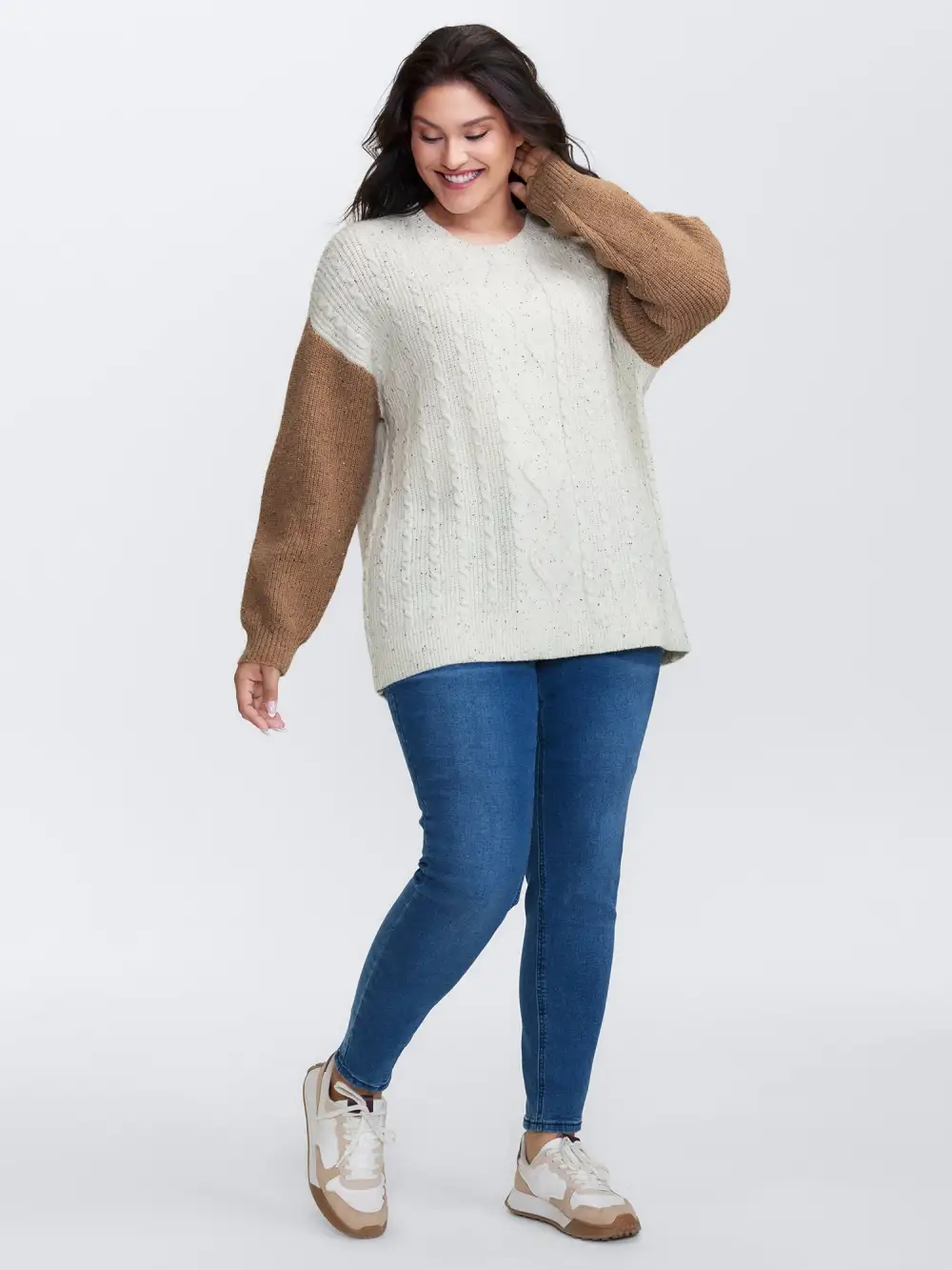 Textured Color Contrast Sleeve Pullover