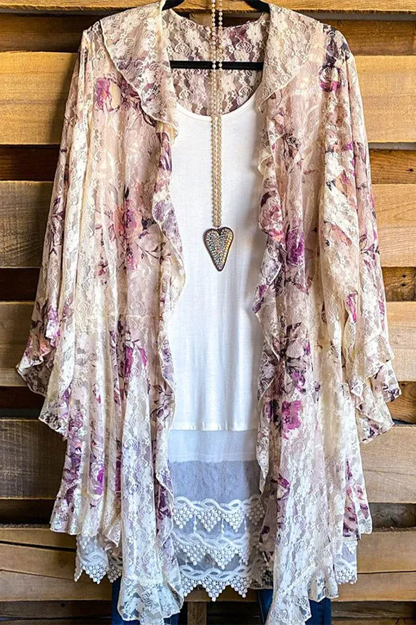 Stylish Lace Trim Mesh Floral Coat