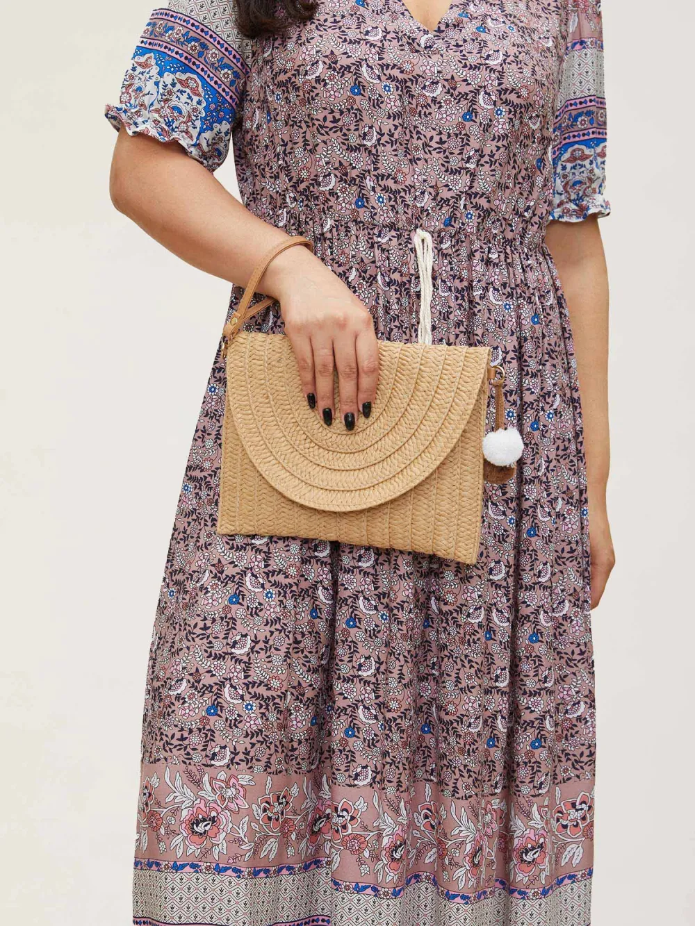 Boho Print Notched Ties Tassel Trim Dress