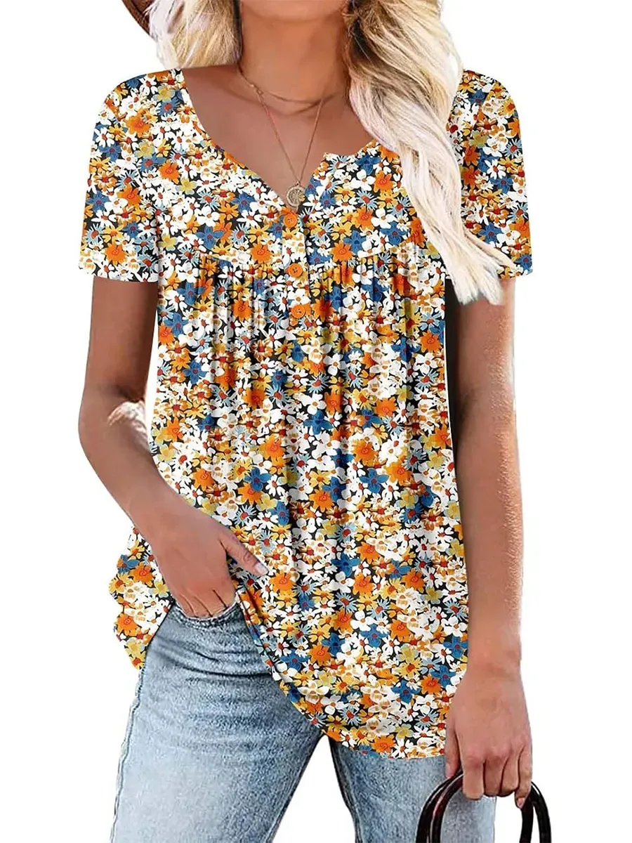 ✨Women's Printed Botton Down Pleated Short Sleeve Shirts Tunic Tops