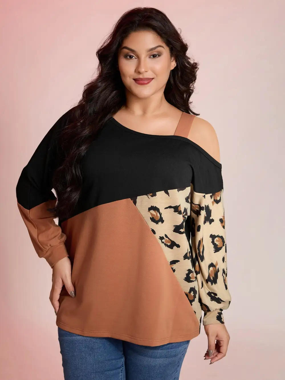 Leopard Print Colorblock One-Shoulder Sweatshirt