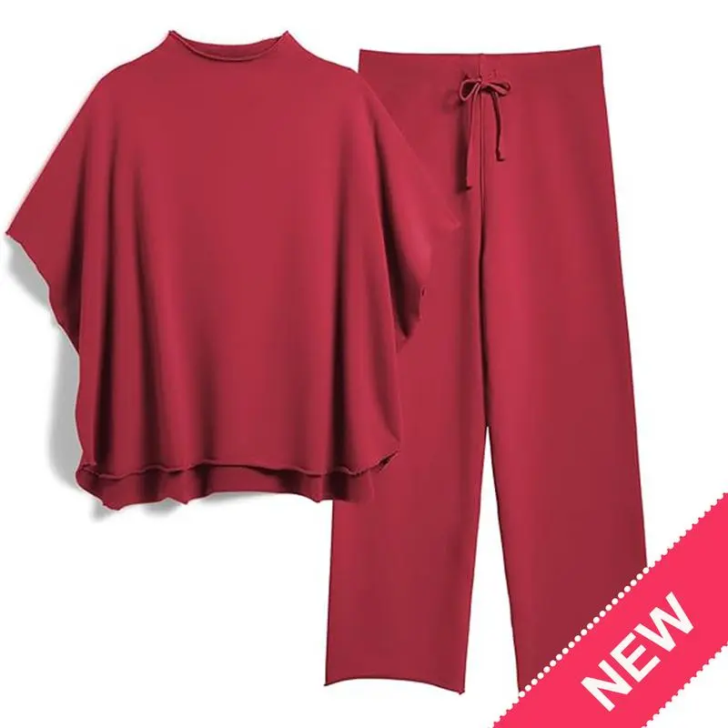 Women’s 2-Piece Lounge Set, Batwing Sleeve Pullover Top & Wide Leg Pants, Travel Outfit