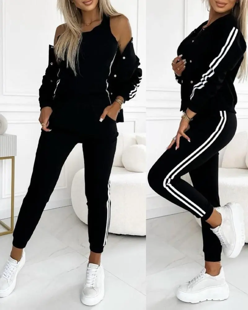 3 Piece Outfits Matching Sets Striped Tape Patch Tank Tops Button Front Jacket Cuffed Pants with Pockets Tracksuit