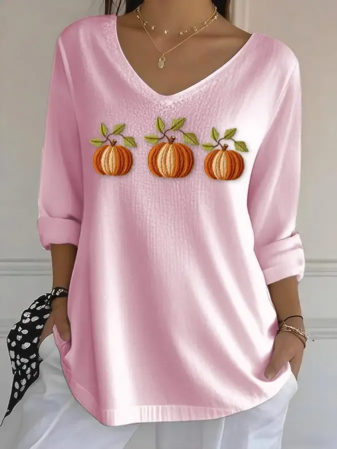 Women's Casual Autumn Pumpkin Bubble Ruffle Long Sleeve Top
