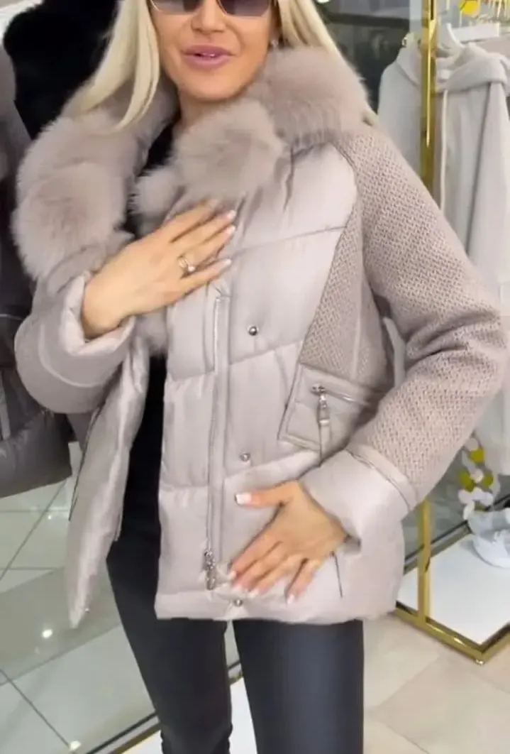 Down Jacket with Fur - trimmed Hood and Knitted Sleeves