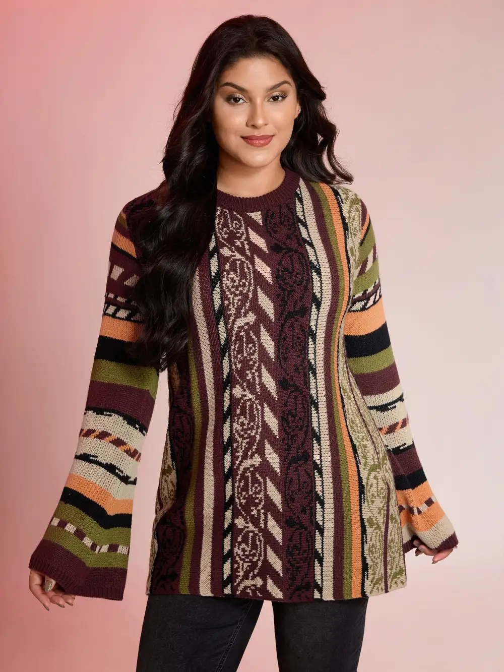 Boho Stripe Flared Sleeve Stretchy Pullover