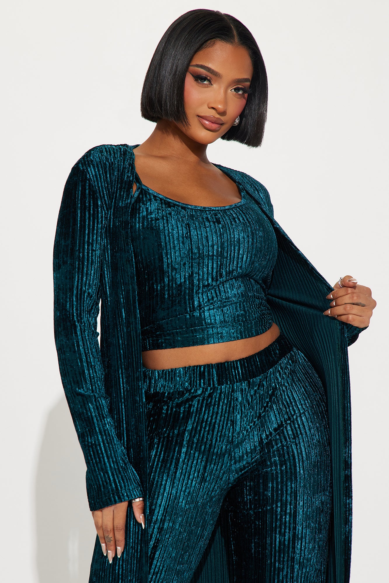 Carrie 3 Piece Velvet Plisse Pant Set - Hunter
