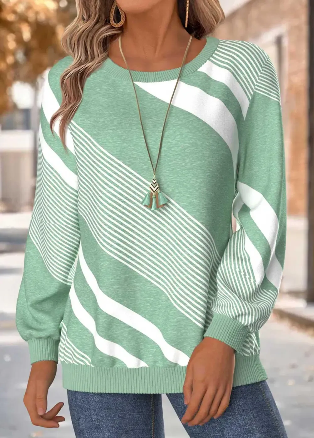 Mint Green Tummy Coverage Geometric Print Long Sleeve Sweatshirt