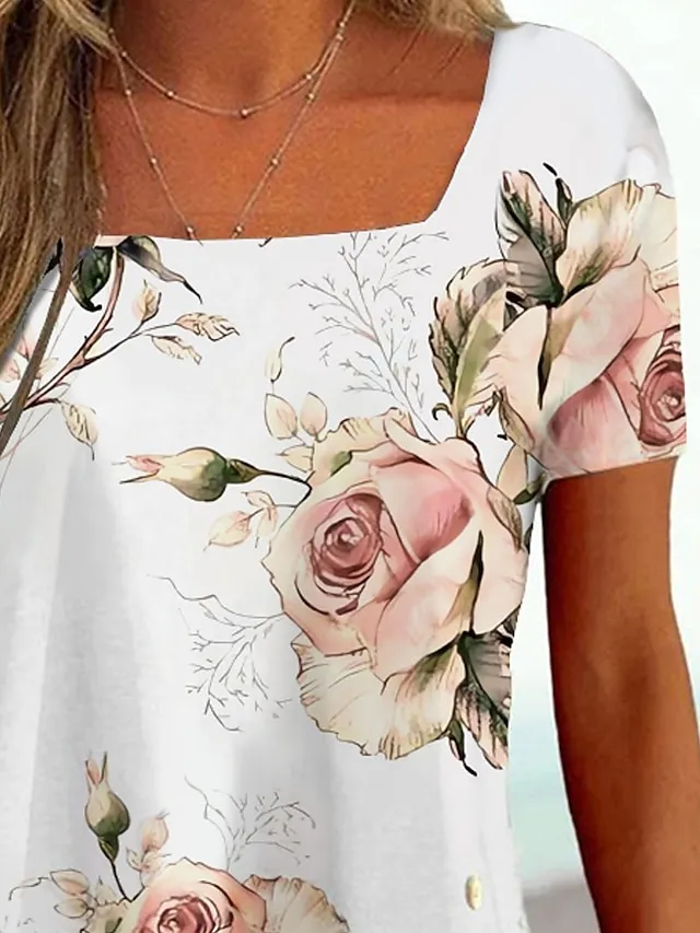 Women's T shirt Tee Black White Pink Floral Striped Print Short Sleeve Casual Holiday Tunic Basic Square Neck Regular Floral Plus Size L