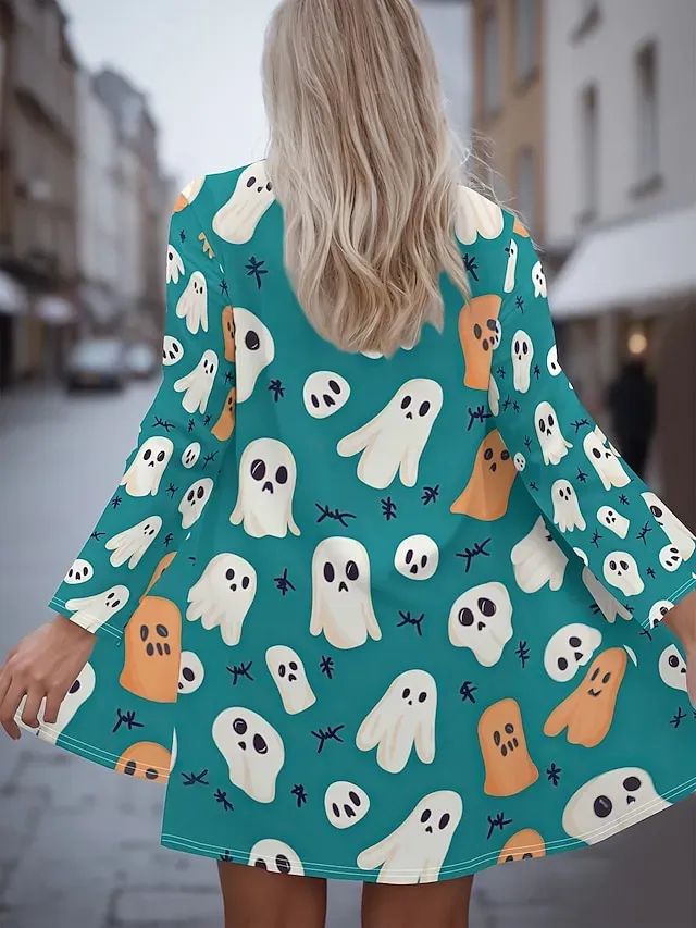 Halloween Women's Coat Lightweight Comfortable Pumpkin Print Vintage Artistic Casual Skull Casual Long Collarless Regular Fit Long Sleeve Outerwear Black White Pink Spring Fall