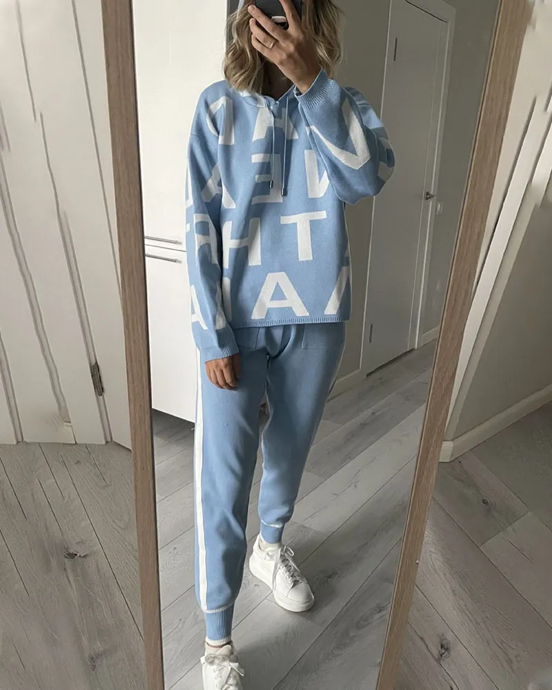 Hooded sports letter knitted two-piece set