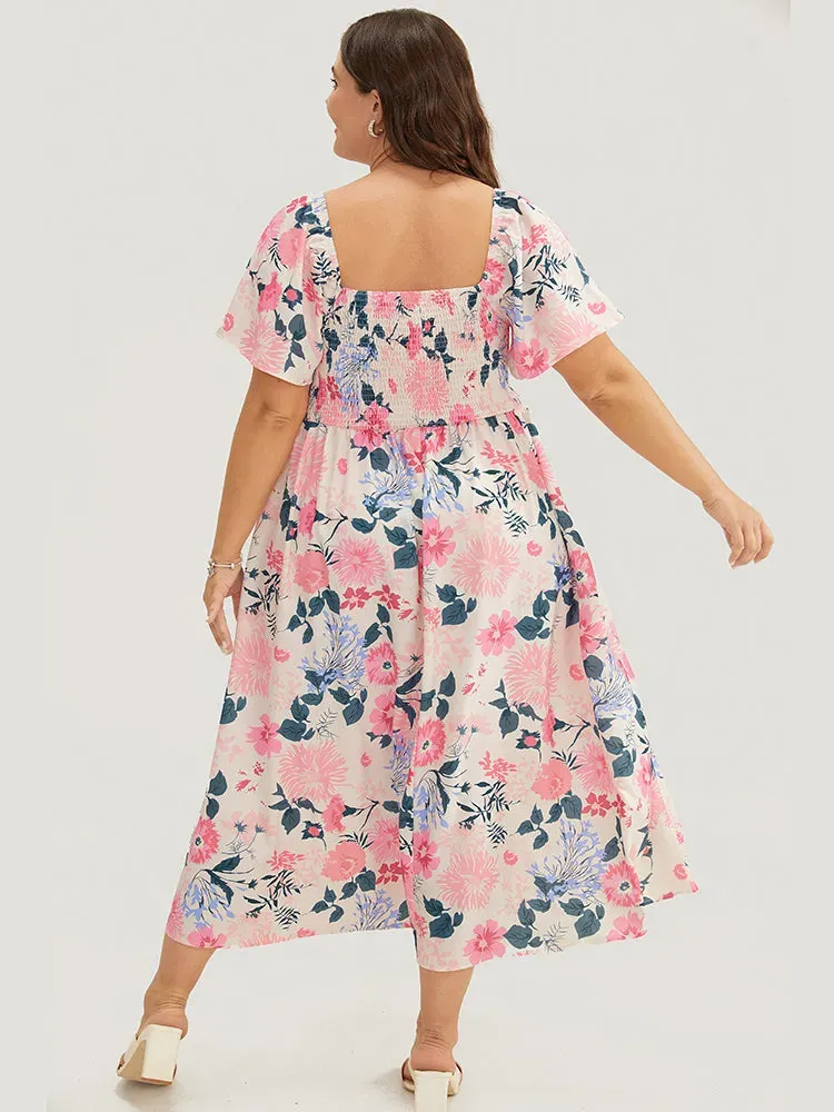 Floral Backless Shirred Square Neck Pocket Ruffle Hem Dress
