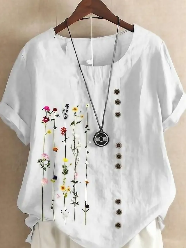 Women's Shirt Linen Shirt Blouse Floral Graphic Daily White Short Sleeve