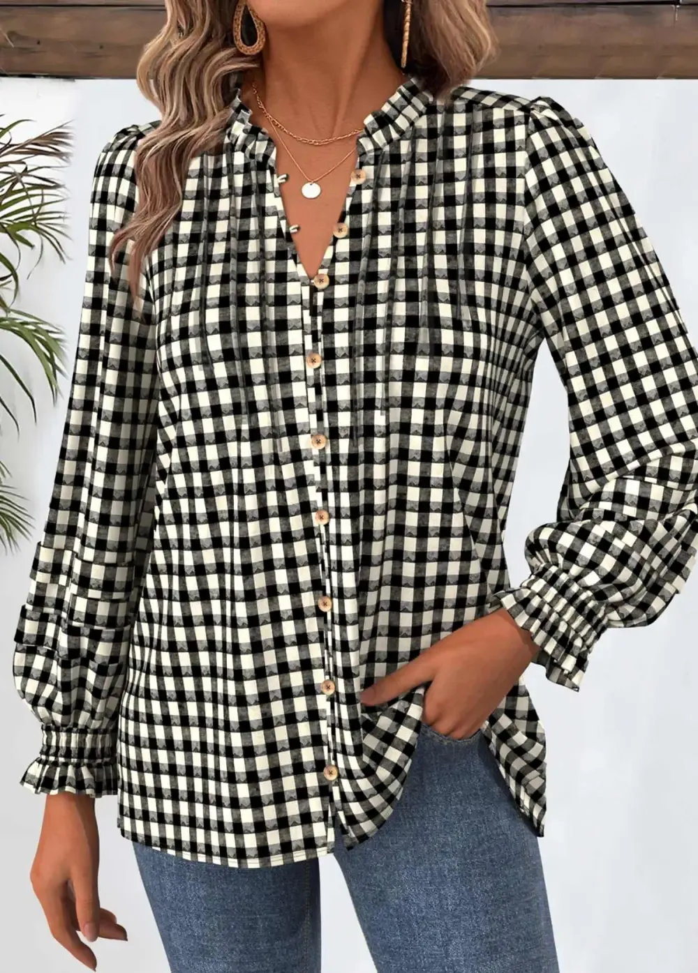 Black Tummy Coverage Plaid Long Sleeve Split Neck Shirt
