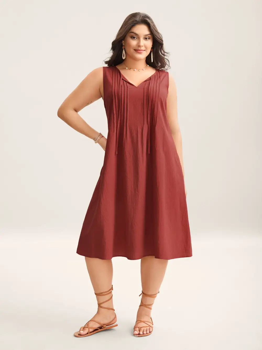 Cotton Toothpick Pleat Plain Midi Dress