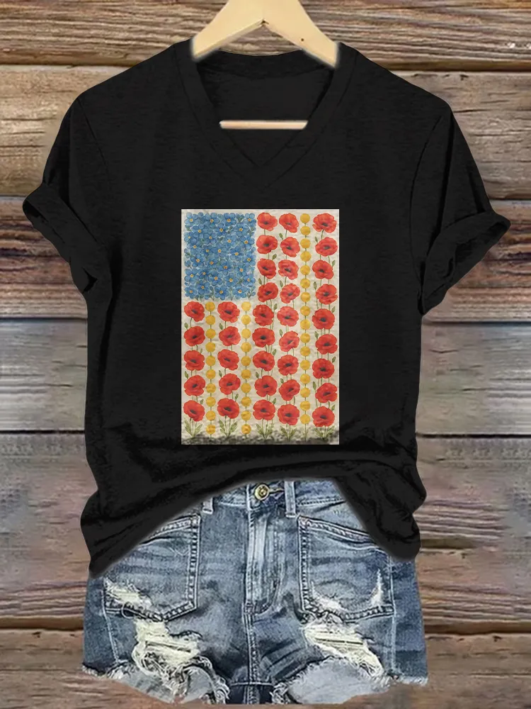 Women'S T-Shirt With Floral Pattern Printed Pure Cotton V-Neck Short-Sleeved T-Shirt