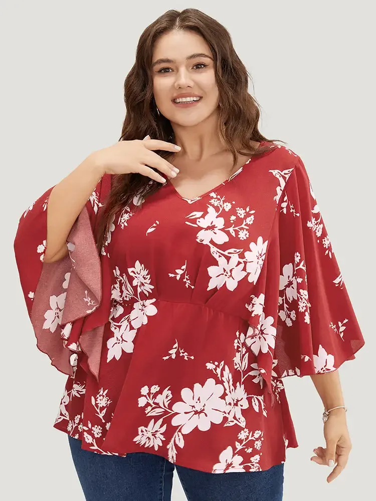 Floral Printed Plicated Detail Flutter Sleeve Blouse