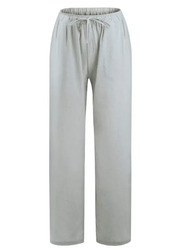 Women's Basic Essential Classic Culottes Wide Leg Chinos Drawstring Pants Casual Inelastic Solid Colored Faux Linen Lightweight Mid Waist Loose Black Blue Gray Dusty Blue S M L XL XXL
